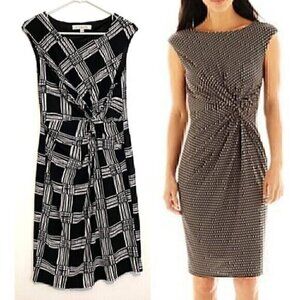 EVAN PICONE Cap Sleeve Matte Jersey Knit Dress Black White Plaid Gathered Sheath